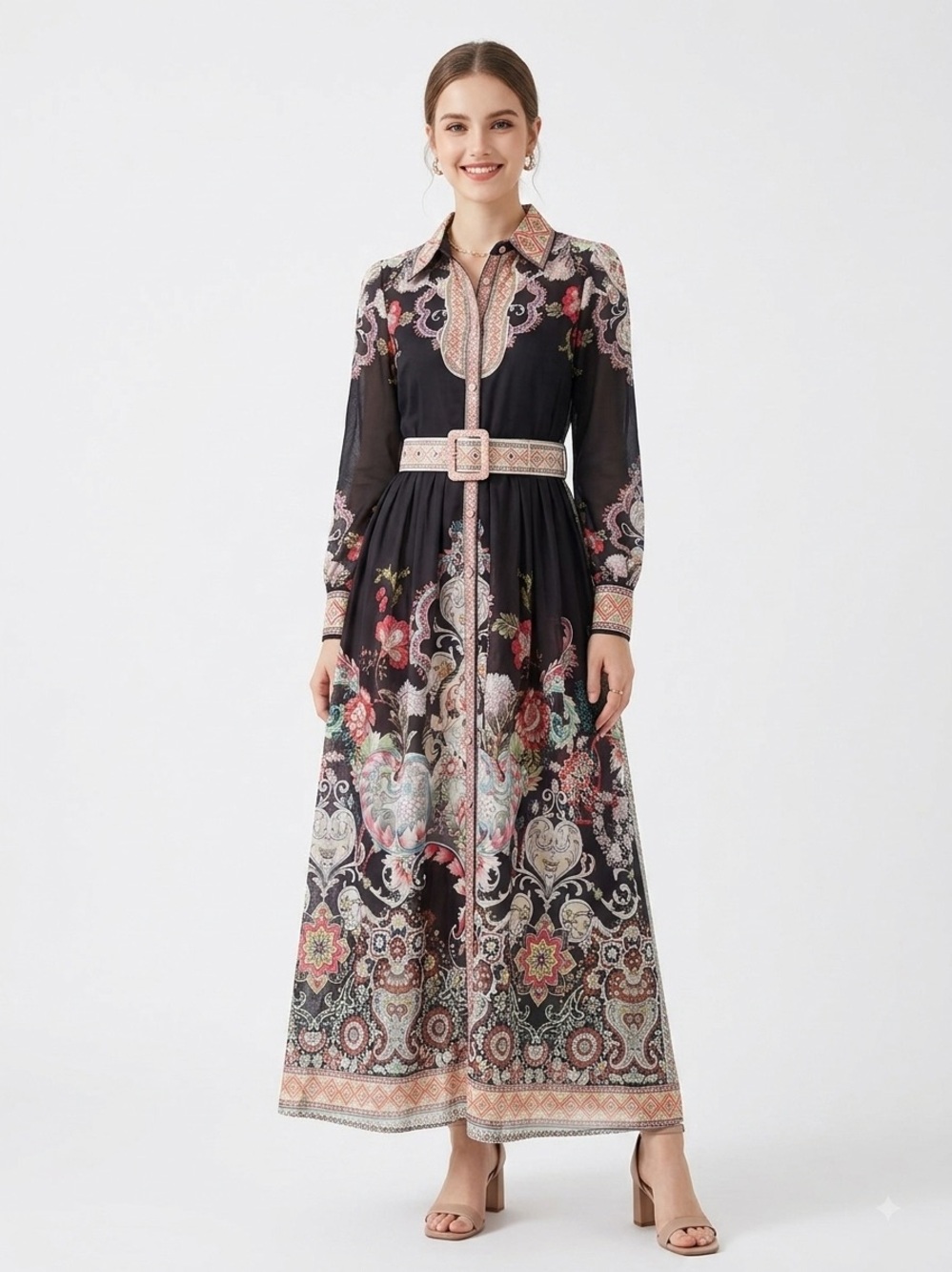 HALFHEART Floral Paisley Maxi Shirt Dress with Belt - Black